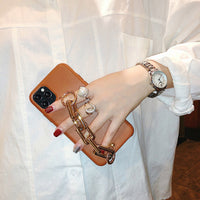 HKM-597779 Leather Wrist Strap Chain for iPhone Models - Compatible PU Back Cover in Brown, Gray, Black