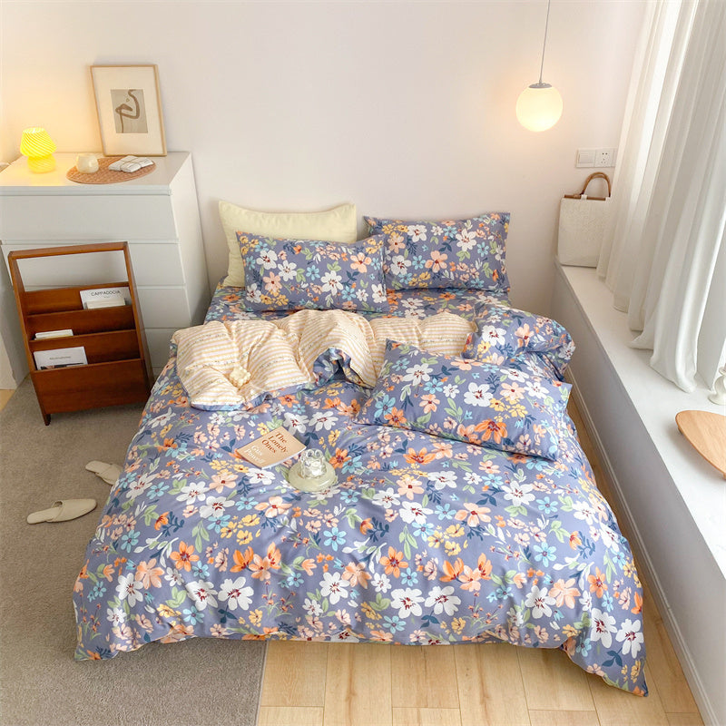 HKM-597843 4-Piece Cotton Bed Sheet Set with Quilt Cover - Soft Heart Design - Cozy and Stylish for All Seasons