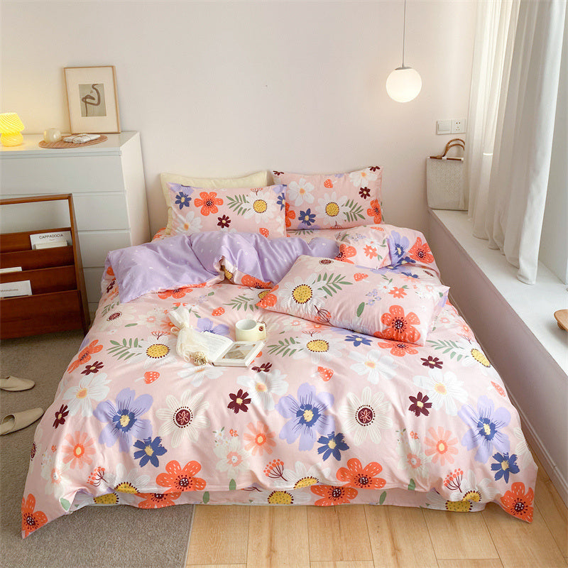 HKM-597843 4-Piece Cotton Bed Sheet Set with Quilt Cover - Soft Heart Design - Cozy and Stylish for All Seasons