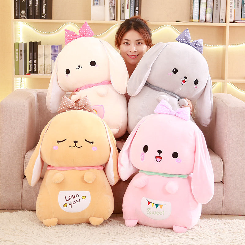 HKM-597971 Kawaii Meng Bunny Plush Doll Pillow - Super Soft Stretch Fabric in Pink, White, Gray, Brown, 40/50/60cm Sizes