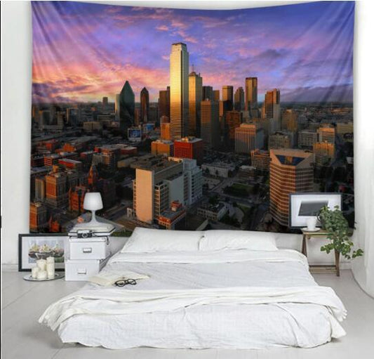 HKM-598227 City Landscape Geometric Design Tapestry - Plush Polyester Fabric Wall Art for Home & Hotel Decor