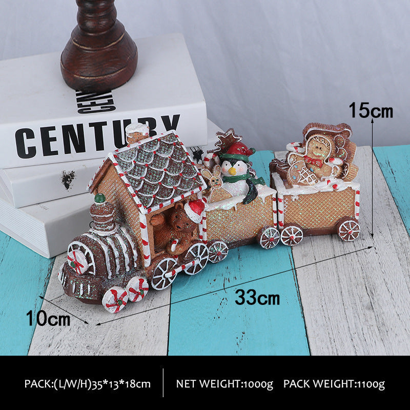 HKM-598803 Ginger Cake Train Christmas Decoration with Small House – European Style Resin Craft