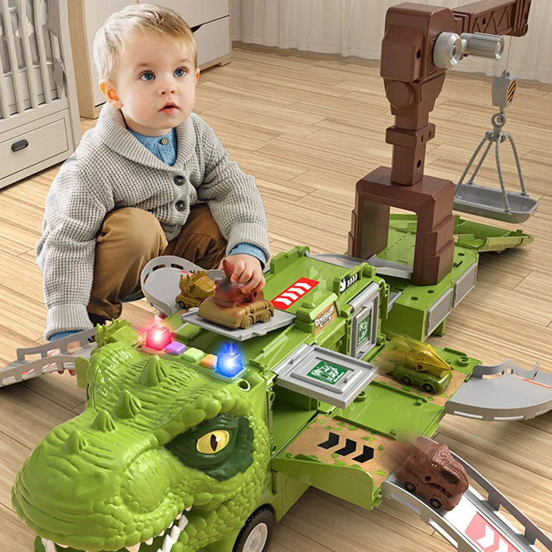 HKM-598931 Dinosaurs Slot Truck Deformation Parking Lot Toy with Pull Back Vehicle for Kids 2 to 7 Years