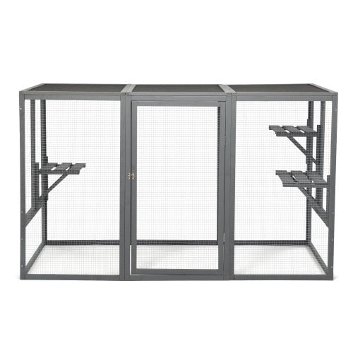 HKM-599827 Spacious Gray-Black Wooden Cat Cage with Waterproof Roof and Adjustable Pedals