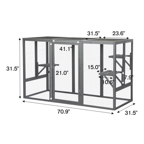 HKM-599827 Spacious Gray-Black Wooden Cat Cage with Waterproof Roof and Adjustable Pedals