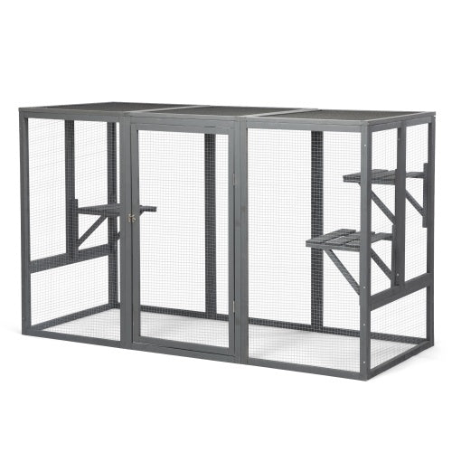 HKM-599827 Spacious Gray-Black Wooden Cat Cage with Waterproof Roof and Adjustable Pedals