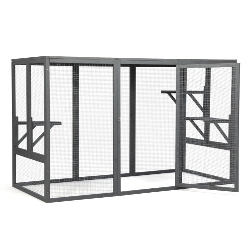 HKM-599827 Spacious Gray-Black Wooden Cat Cage with Waterproof Roof and Adjustable Pedals