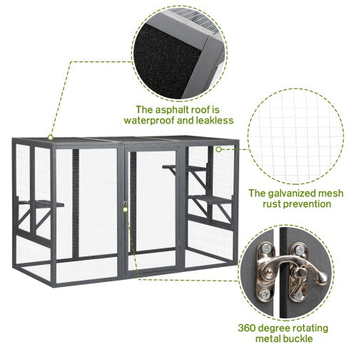 HKM-599827 Spacious Gray-Black Wooden Cat Cage with Waterproof Roof and Adjustable Pedals
