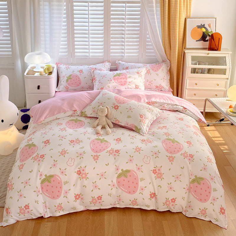 HKM-600147 Cotton 4-Piece Dormitory Bedding Set with Bed Sheet, Quilt Cover, and Pillowcases