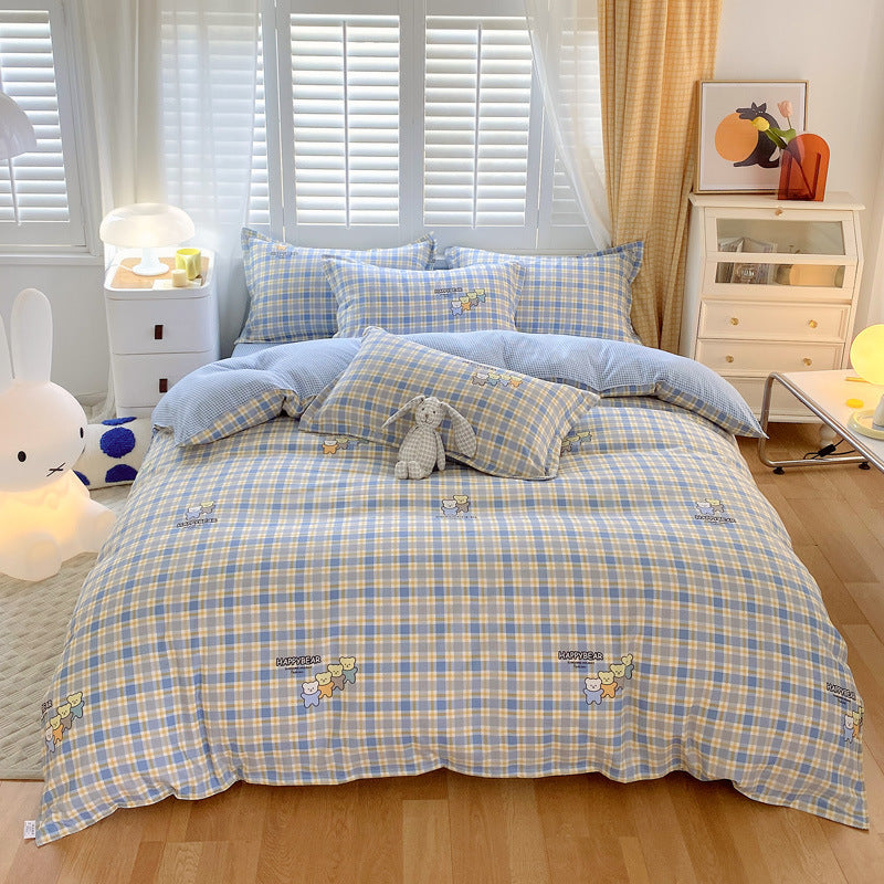 HKM-600147 Cotton 4-Piece Dormitory Bedding Set with Bed Sheet, Quilt Cover, and Pillowcases