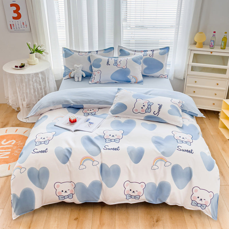 HKM-600147 Cotton 4-Piece Dormitory Bedding Set with Bed Sheet, Quilt Cover, and Pillowcases