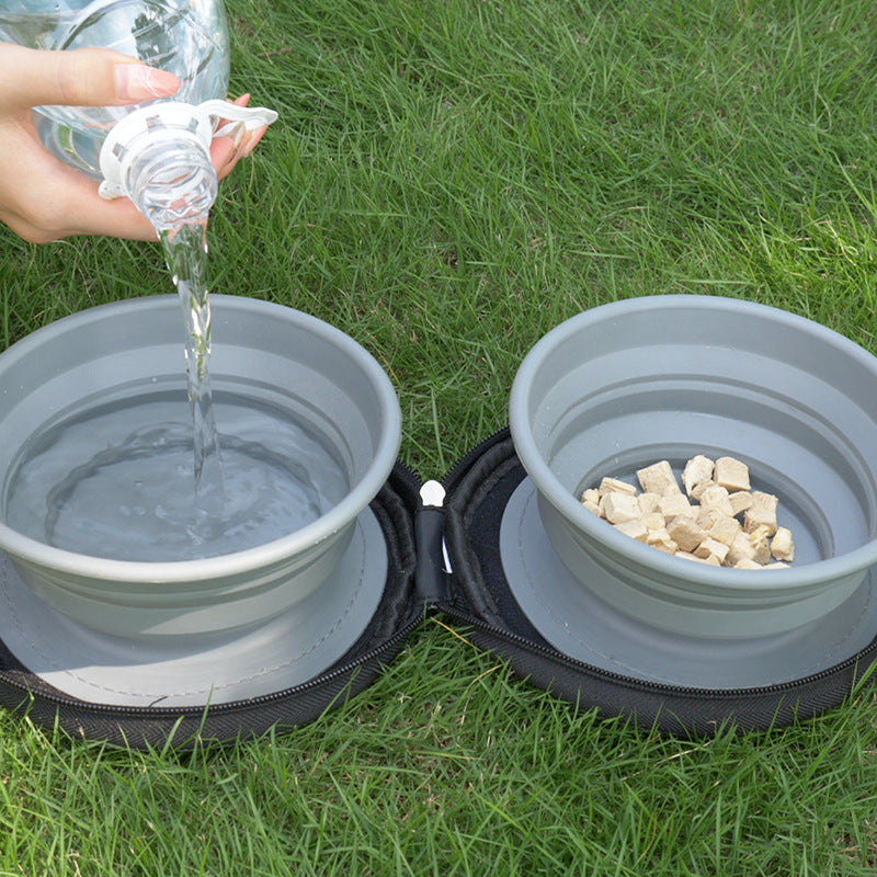 HKM-600339 Folding Outdoor Pet Bowl Set for Water and Food – Lightweight TPR and Oxford Cloth, Gray, 17.5 x 17 x 4.9cm