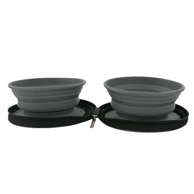 HKM-600339 Folding Outdoor Pet Bowl Set for Water and Food – Lightweight TPR and Oxford Cloth, Gray, 17.5 x 17 x 4.9cm