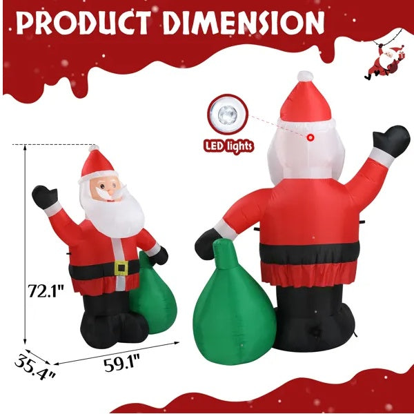 HKM-600595 6 FT Inflatable Santa Claus Decoration with LED Lights and Gift Bag for Yard and Garden Décor