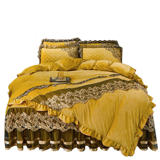HKM-600979 Lace Quilted Crystal Velvet Bed Skirt and Duvet Cover Set - Solid Color, Multiple Sizes Available