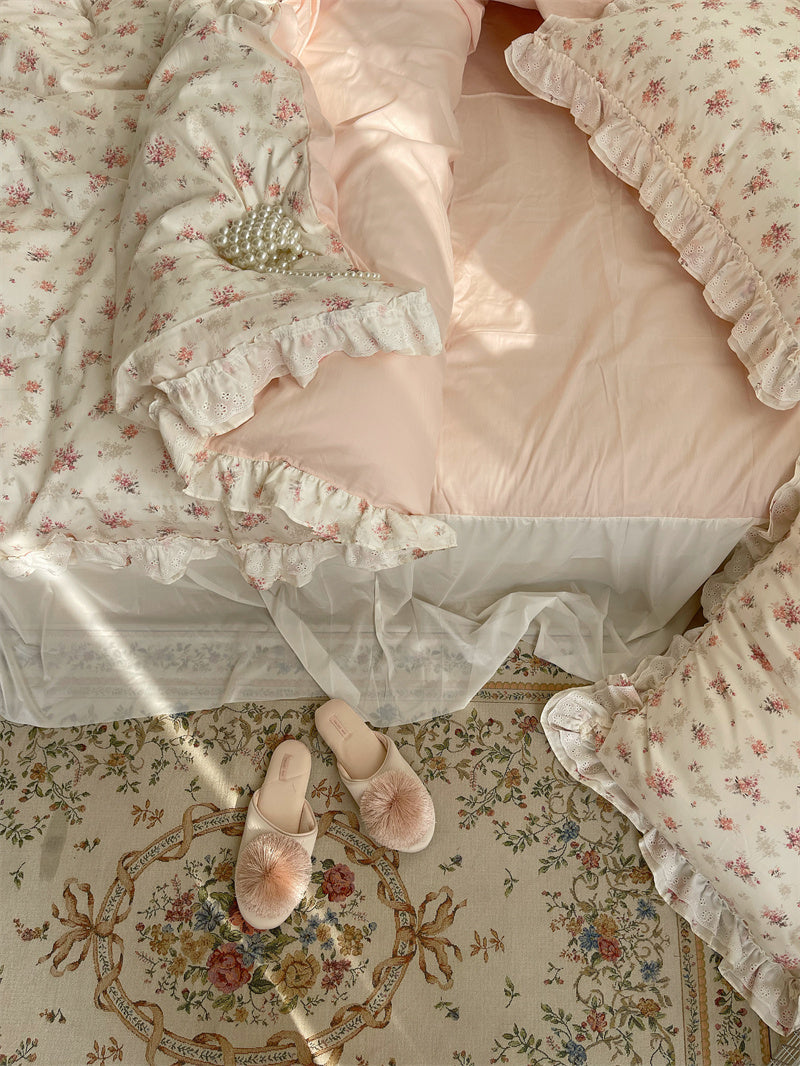 HKM-601299 Cotton Lace Four-Piece Bedding Set with Quilt Cover and Bed Skirt