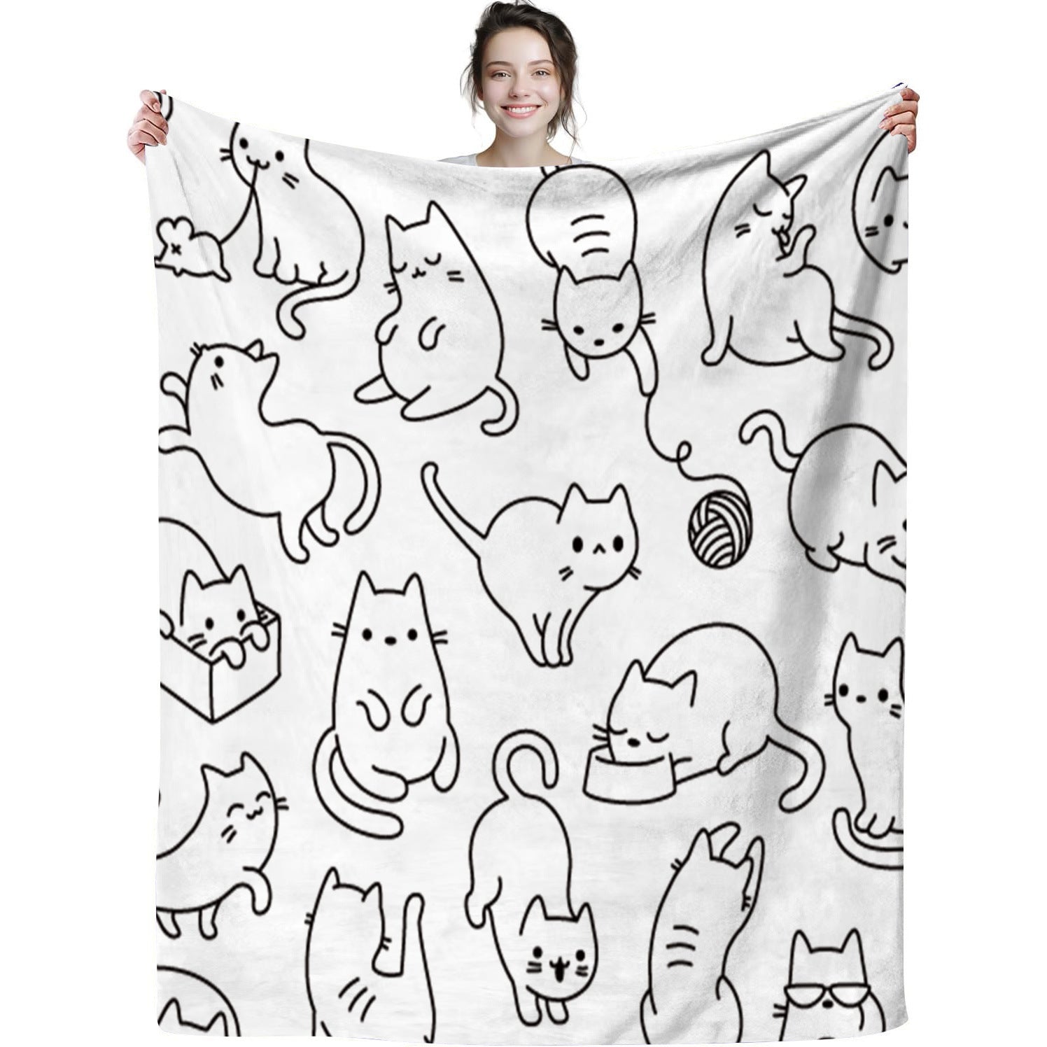 HKM-601299 Cute Cat Flannel Blanket - Soft Polyester Fabric, Available in Multiple Sizes for All Seasons