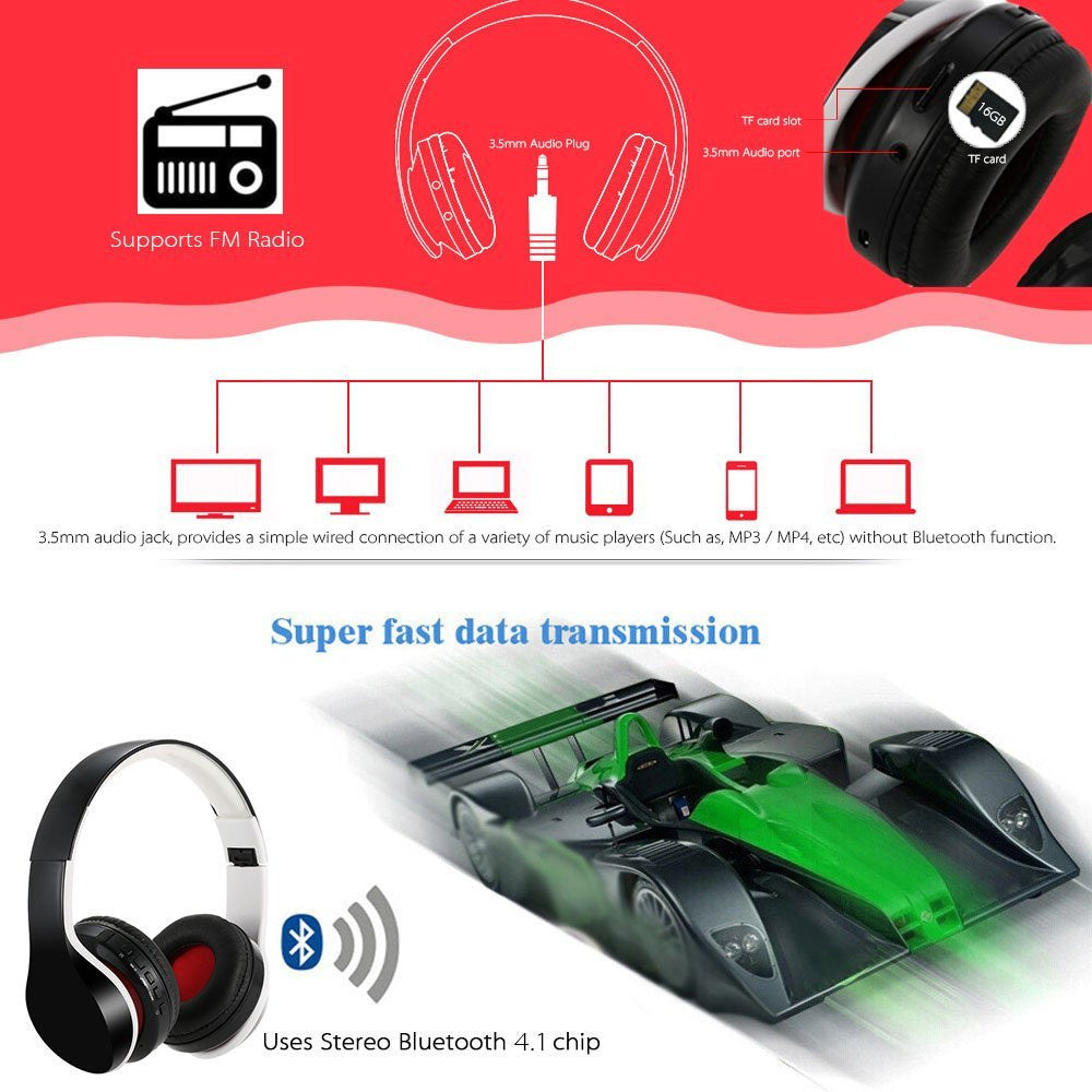 HKM-602195 Foldable Waterproof Bluetooth Headphones with Mic, 11 Hours Talk Time, Rechargeable Battery, and TF Card Support