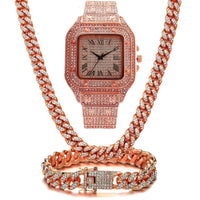 HKM-602643 Roman Scale Quartz Watch Set with Bracelet and Necklace - 3 Piece Luxury Fashion Ensemble