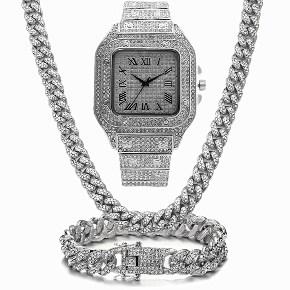 HKM-602643 Roman Scale Quartz Watch Set with Bracelet and Necklace - 3 Piece Luxury Fashion Ensemble
