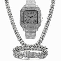 HKM-602643 Roman Scale Quartz Watch Set with Bracelet and Necklace - 3 Piece Luxury Fashion Ensemble