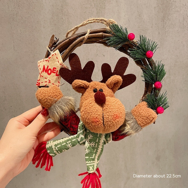 HKM-602899 Christmas Vine Ring Decoration Pendant - Santa Claus, Snowman, and Elk Designs - Rattan, Korean Style, 34CM/22.5CM