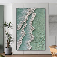 HKM-603219 Abstract Ocean Waves Textured Oil Painting on Canvas - Green and White Decorative Art for Home and Office
