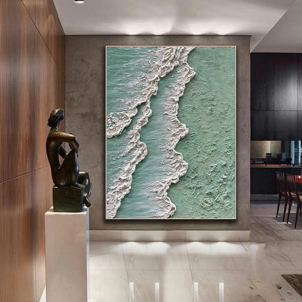 HKM-603219 Abstract Ocean Waves Textured Oil Painting on Canvas - Green and White Decorative Art for Home and Office