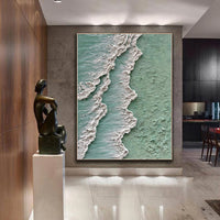 HKM-603219 Abstract Ocean Waves Textured Oil Painting on Canvas - Green and White Decorative Art for Home and Office