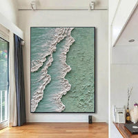 HKM-603219 Abstract Ocean Waves Textured Oil Painting on Canvas - Green and White Decorative Art for Home and Office