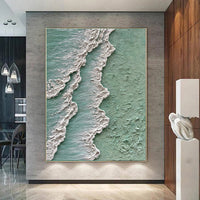 HKM-603219 Abstract Ocean Waves Textured Oil Painting on Canvas - Green and White Decorative Art for Home and Office