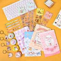 HKM-603411 Cartoon Student Stationery Set with Keychain, Tape Measure, Gel Pen, and Stickers in Multiple Colors