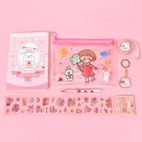 HKM-603411 Cartoon Student Stationery Set with Keychain, Tape Measure, Gel Pen, and Stickers in Multiple Colors