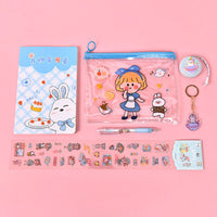 HKM-603411 Cartoon Student Stationery Set with Keychain, Tape Measure, Gel Pen, and Stickers in Multiple Colors