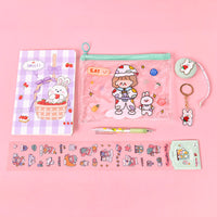 HKM-603411 Cartoon Student Stationery Set with Keychain, Tape Measure, Gel Pen, and Stickers in Multiple Colors