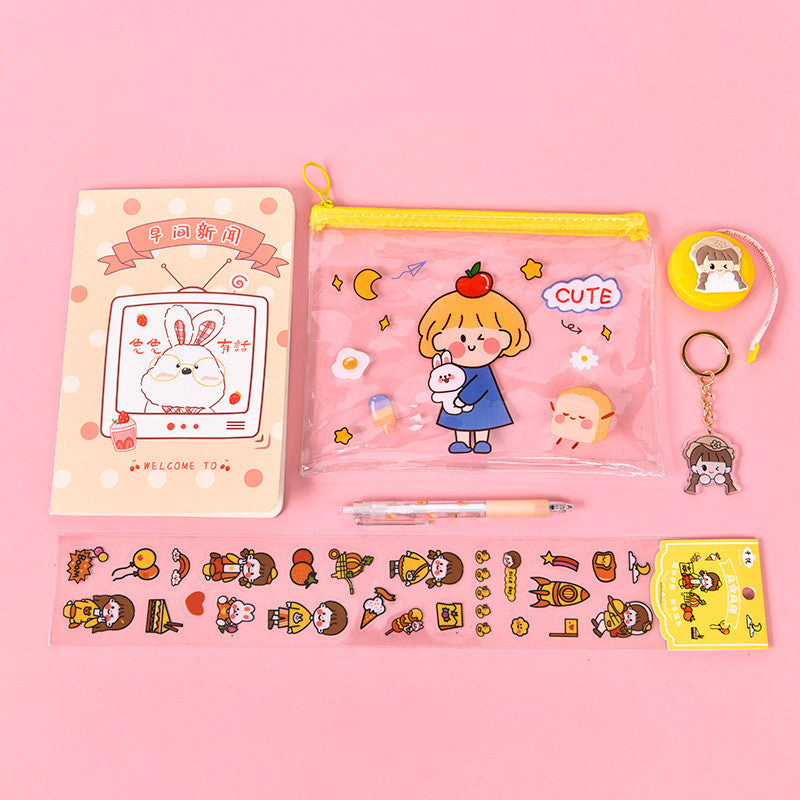 HKM-603411 Cartoon Student Stationery Set with Keychain, Tape Measure, Gel Pen, and Stickers in Multiple Colors