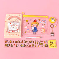 HKM-603411 Cartoon Student Stationery Set with Keychain, Tape Measure, Gel Pen, and Stickers in Multiple Colors