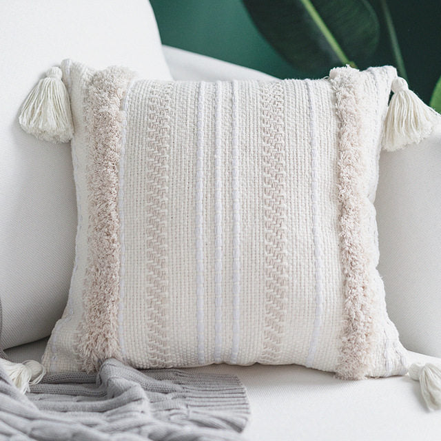 HKM-603411 Cotton Woven Cushion Cover with Tassels Geometric Design
