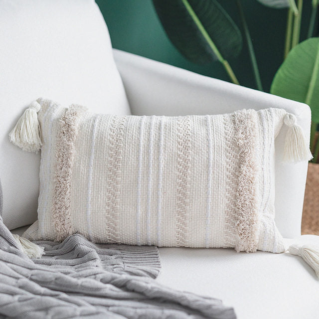 HKM-603411 Cotton Woven Cushion Cover with Tassels Geometric Design