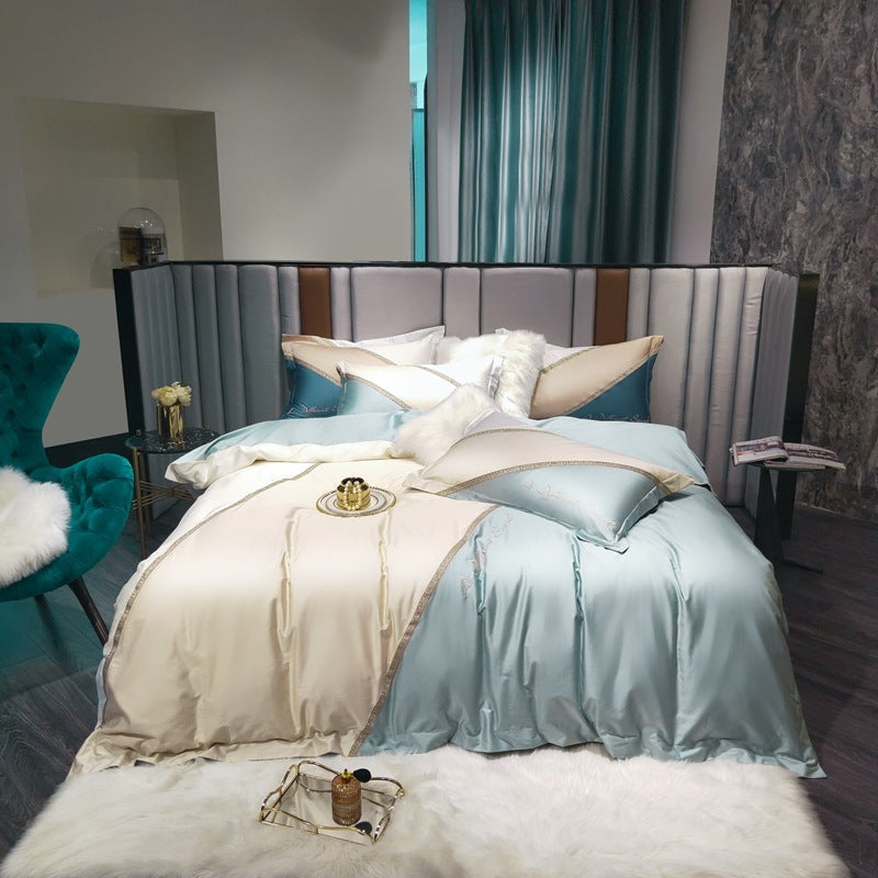 HKM-604115 Aegean Sea Colored Embroidered Geometric Quilt Cover with Contrast Stitching