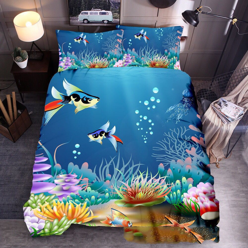 HKM-604115 Ocean-Inspired Three-Piece Quilt Cover Set with Sea Turtle Designs in Various Sizes