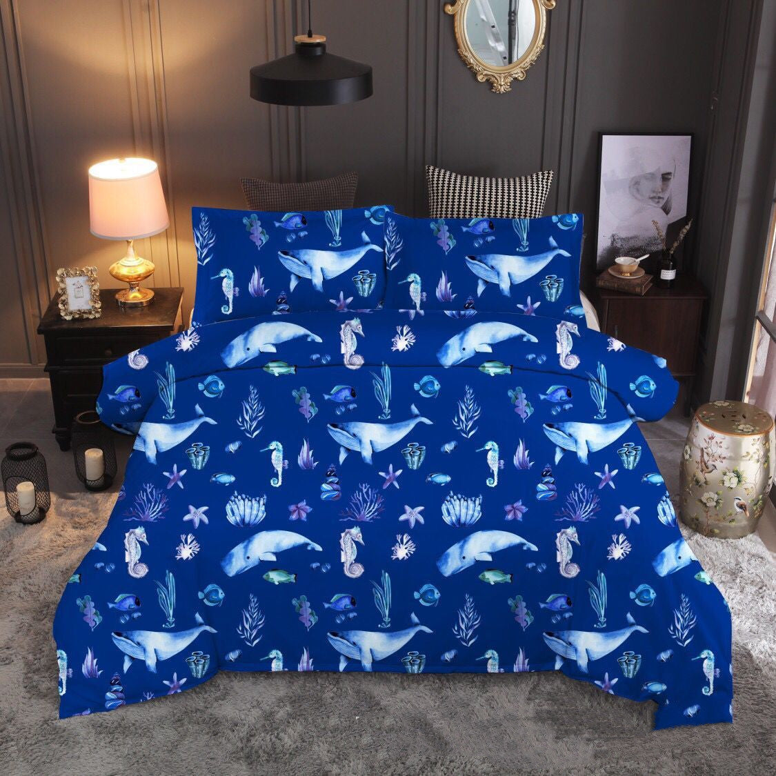 HKM-604115 Ocean-Inspired Three-Piece Quilt Cover Set with Sea Turtle Designs in Various Sizes