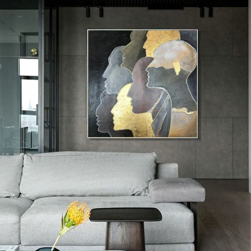 HKM-604371 Handmade Oil Painting on Canvas - Modern Abstract Golden Portrait Art for Living Room Décor, Unstretched and Frameless