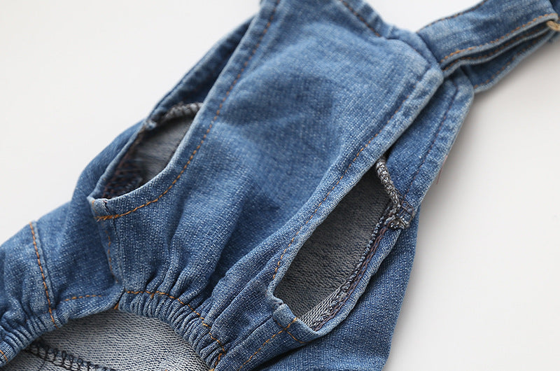 HKM-604691 Denim Blue Stretch Jeans with Pet Suspenders - Casual Overalls in Various Sizes
