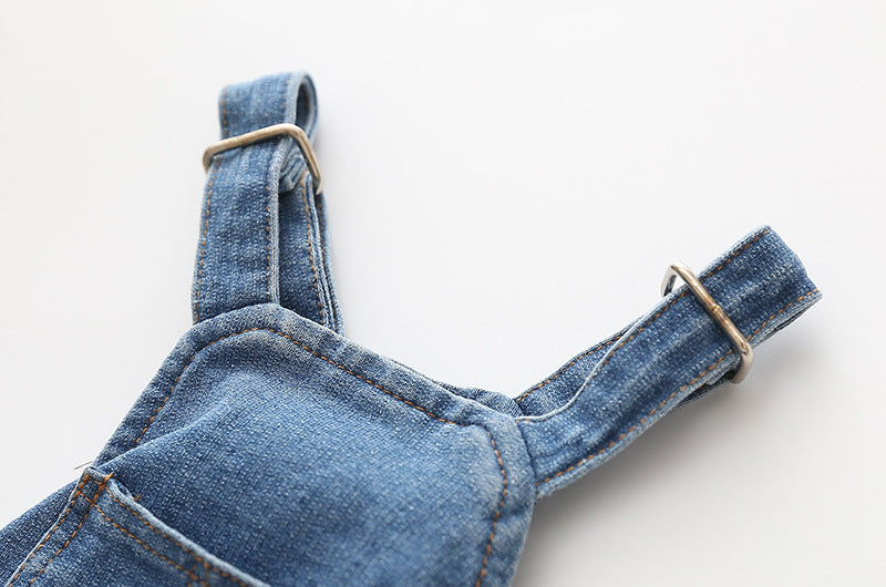 HKM-604691 Denim Blue Stretch Jeans with Pet Suspenders - Casual Overalls in Various Sizes