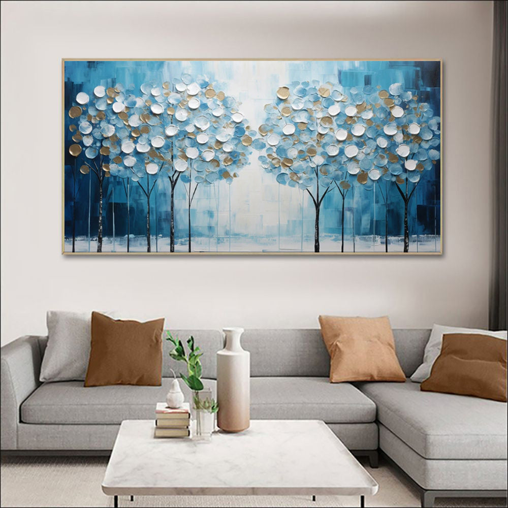 HKM-605523 Large Abstract Blue Tree of Life Hand-Painted Oil Canvas Art for Modern Home Decor