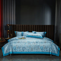 HKM-605587 Cotton Satin Digital Printed Four-Piece Bedding Set in Nordic Style, Includes Bed Sheet, Duvet Cover, and Pillowcases