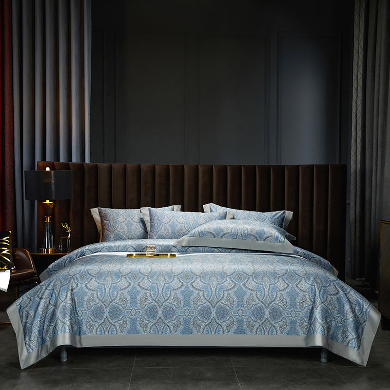 HKM-605587 Cotton Satin Digital Printed Four-Piece Bedding Set in Nordic Style, Includes Bed Sheet, Duvet Cover, and Pillowcases
