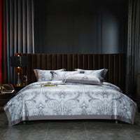 HKM-605587 Cotton Satin Digital Printed Four-Piece Bedding Set in Nordic Style, Includes Bed Sheet, Duvet Cover, and Pillowcases