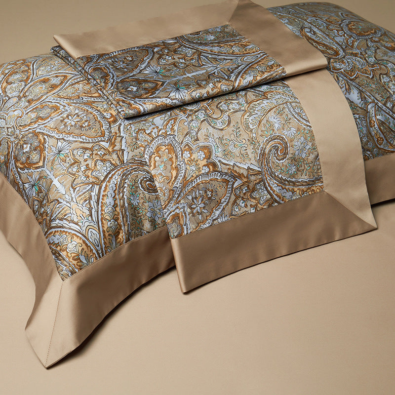 HKM-605587 Cotton Satin Digital Printed Four-Piece Bedding Set in Nordic Style, Includes Bed Sheet, Duvet Cover, and Pillowcases